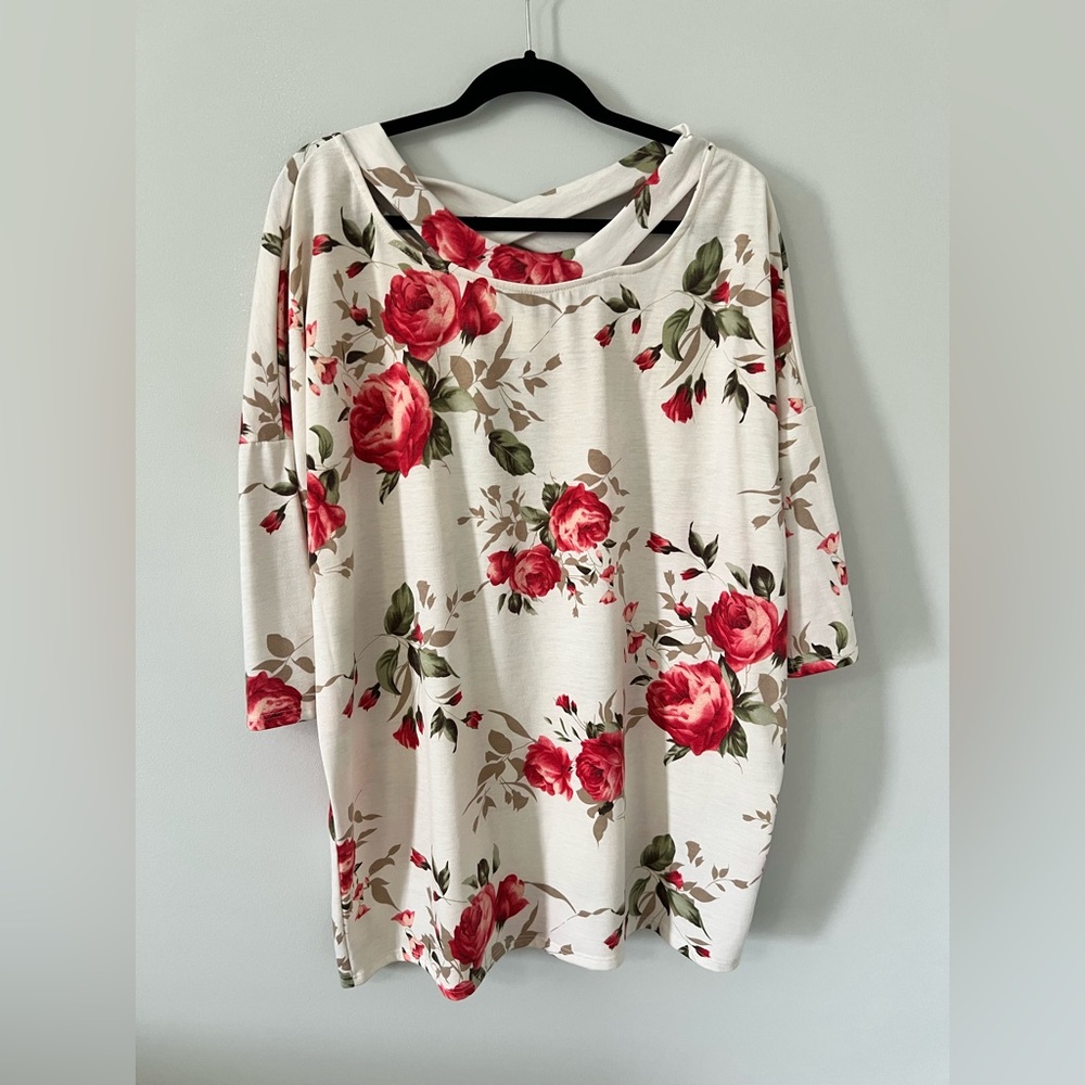 Bellamie Ivory Tunic with Red Rose Print